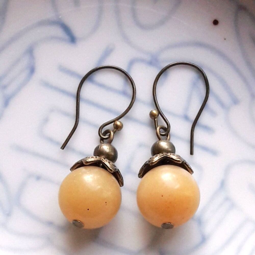 Yellow Quartz Antique Bronze Hooks Hidden Meaning earrings Earthy Bohemian  503■